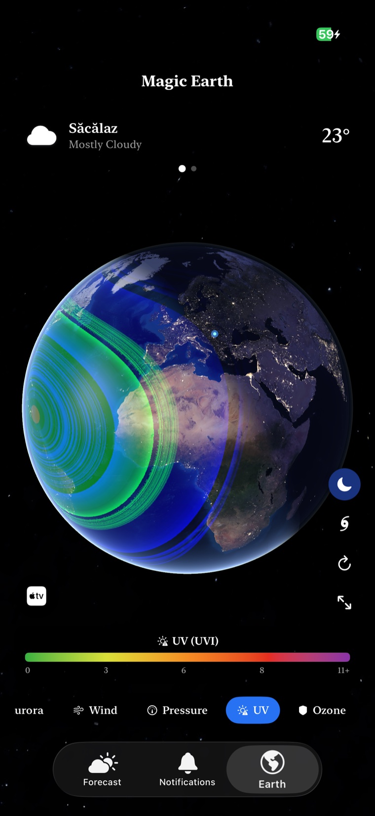 Magic Earth aurora probability overlay over Europe and North Africa