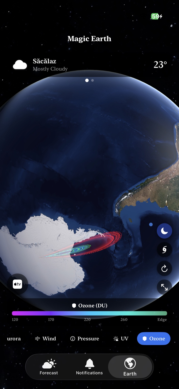 Magic Earth ozone overlay showing the Antarctic ozone area