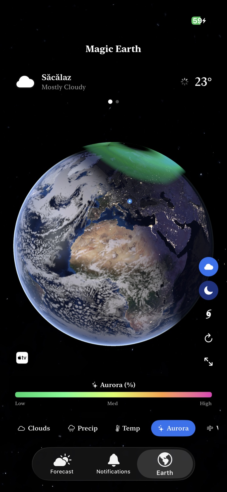 Magic Earth UV index overlay on the night-side globe