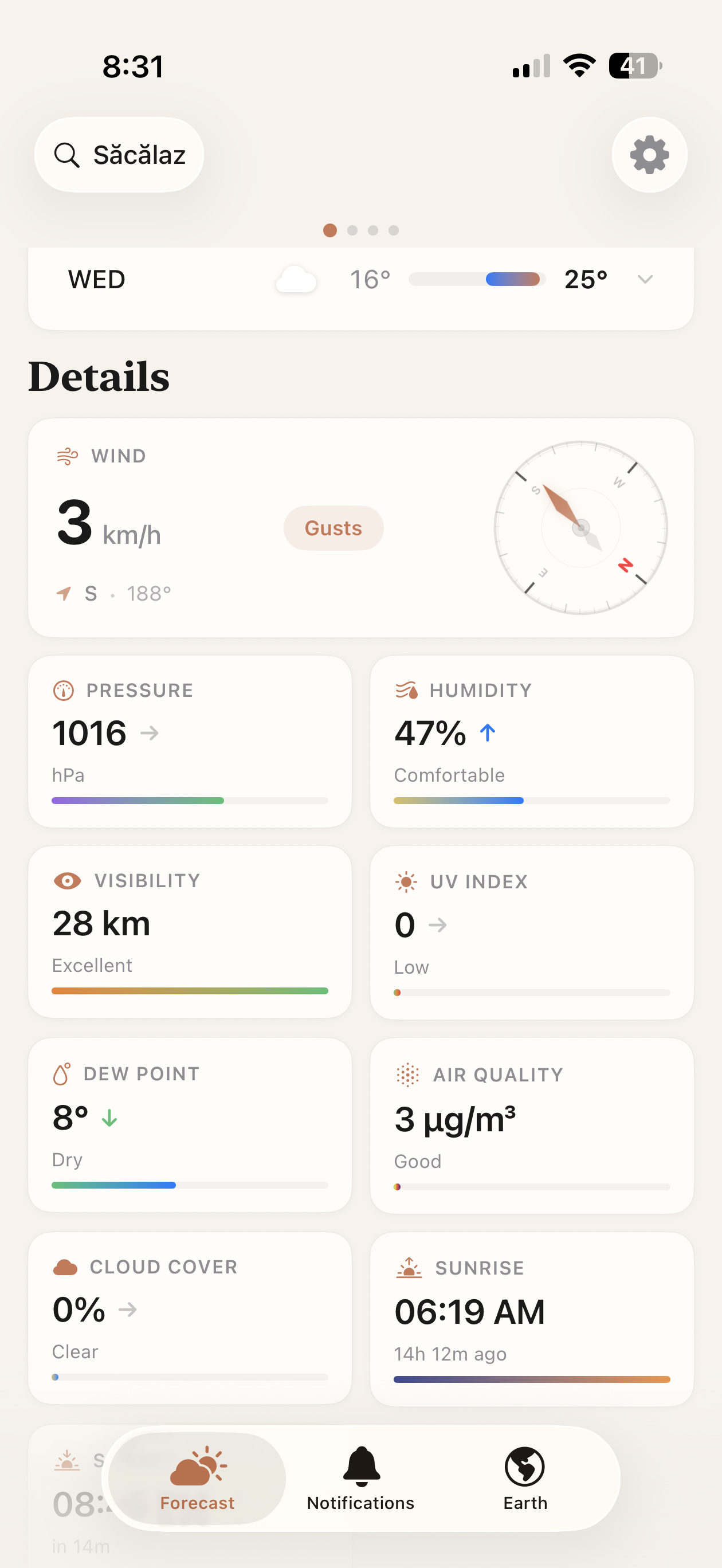 Detail cards: pressure, humidity, visibility, UV, dew point, AQI