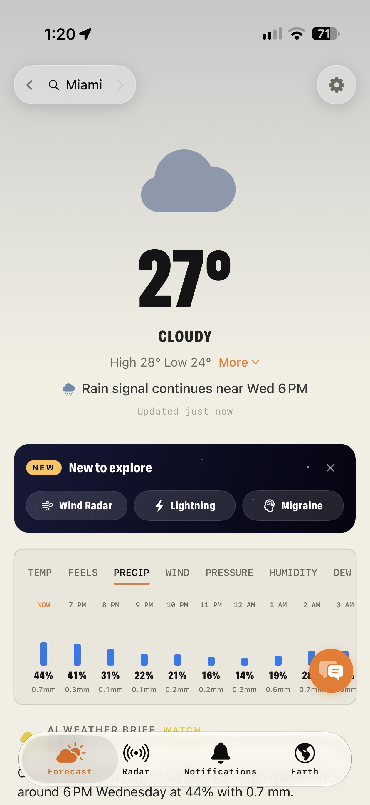 Forecast now in Miami: 27° and cloudy, a rain signal for 6 PM, new features to explore and hourly precipitation