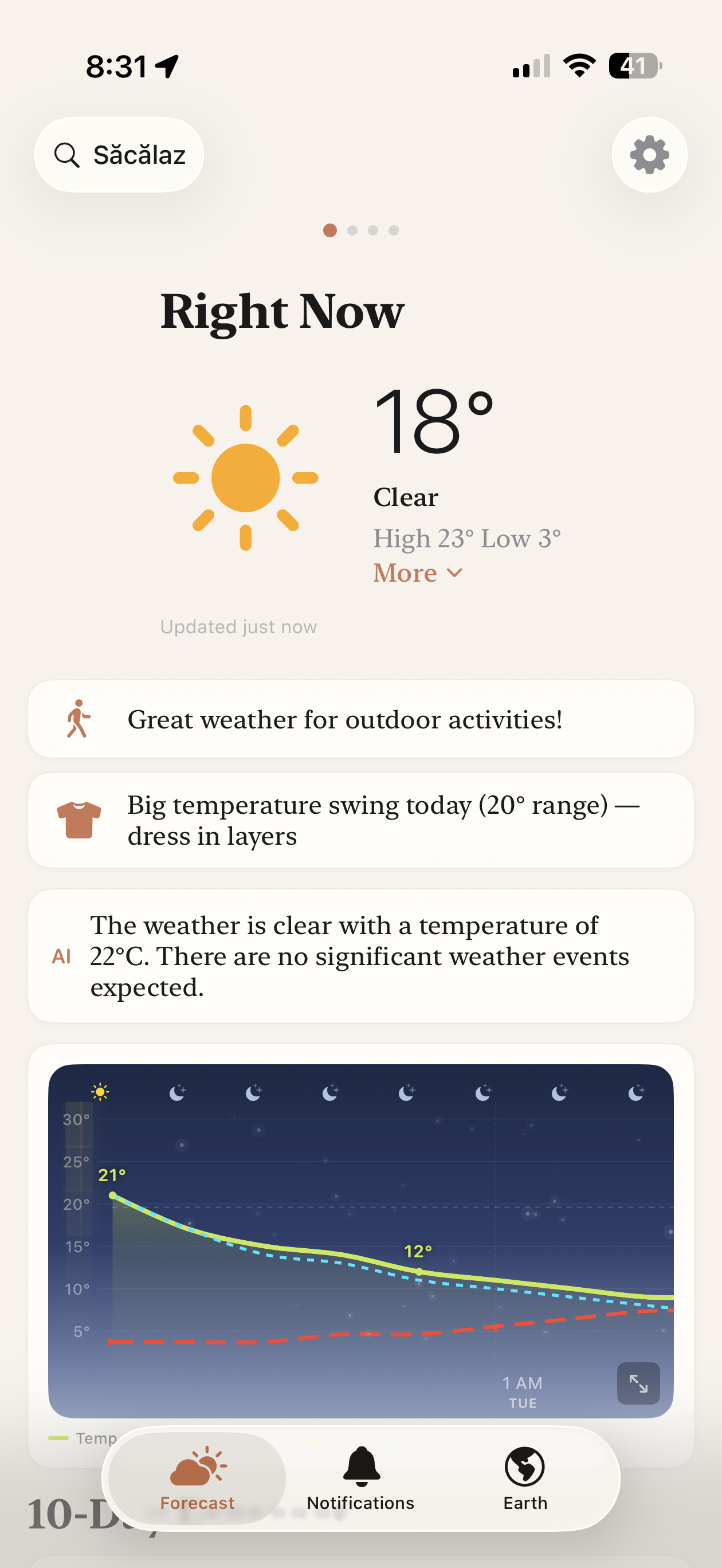 Right Now: 18° clear, AI weather analysis, hourly graph