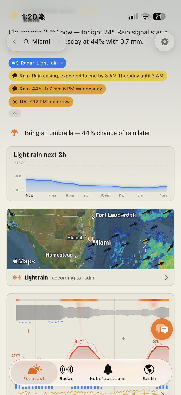 Forecast with rain timing from radar, the next eight hours of rain and a radar map card