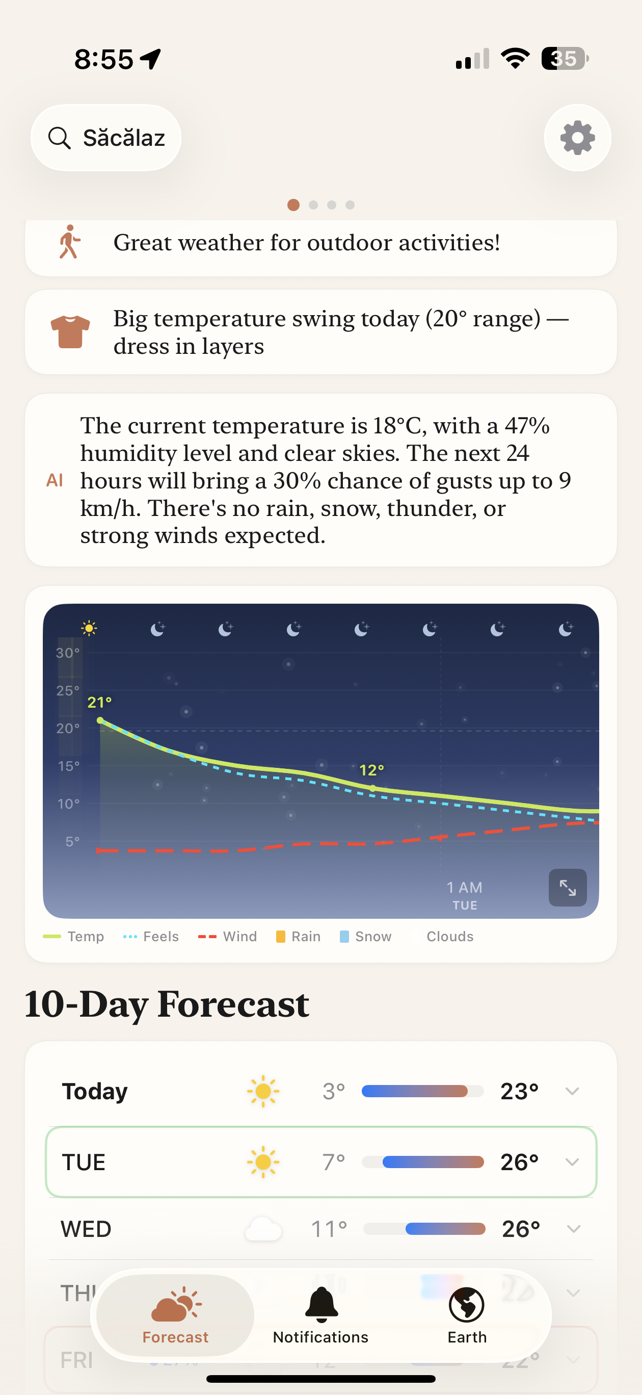 Today snapshot: Right Now, activity tips, AI summary, hourly graph, 10-day list