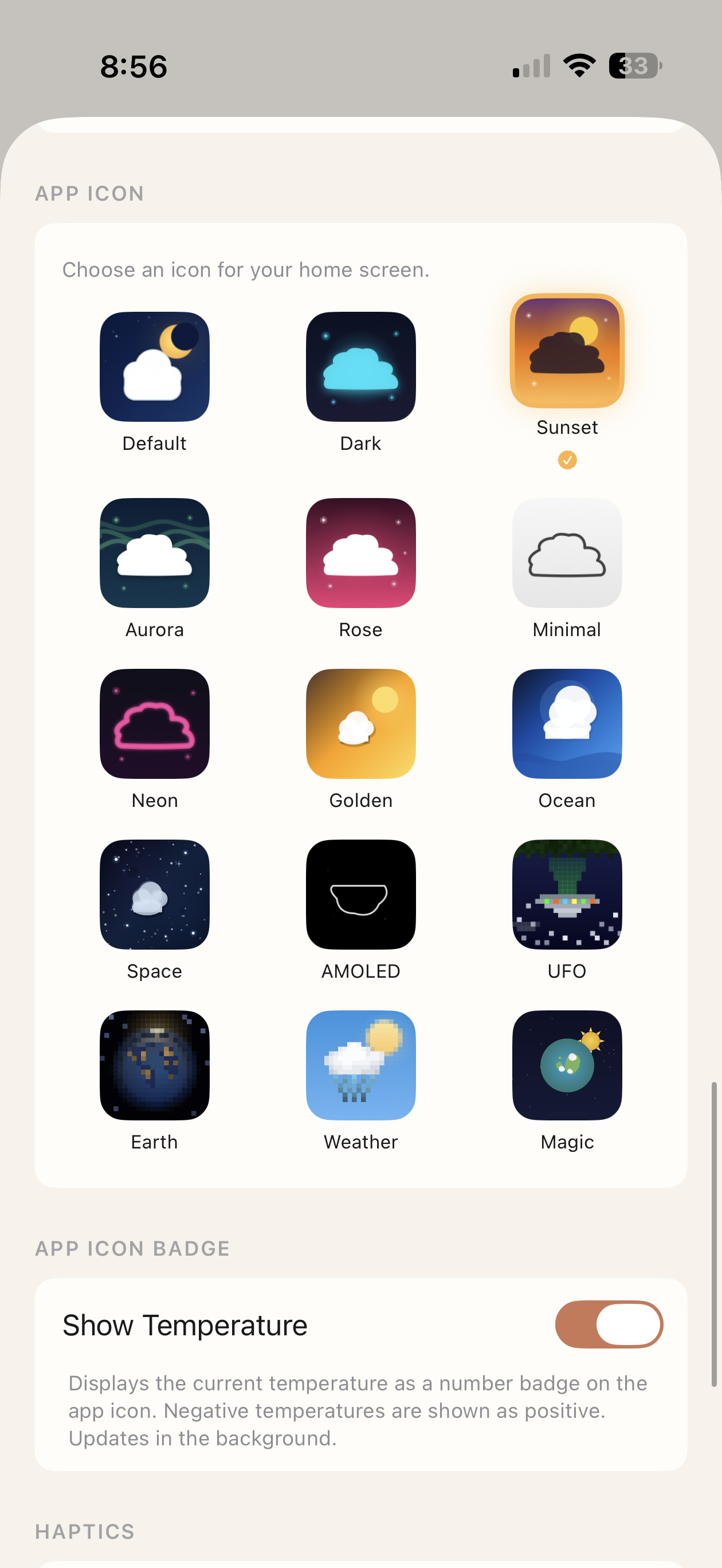 App icon picker showing 15 alternate icons