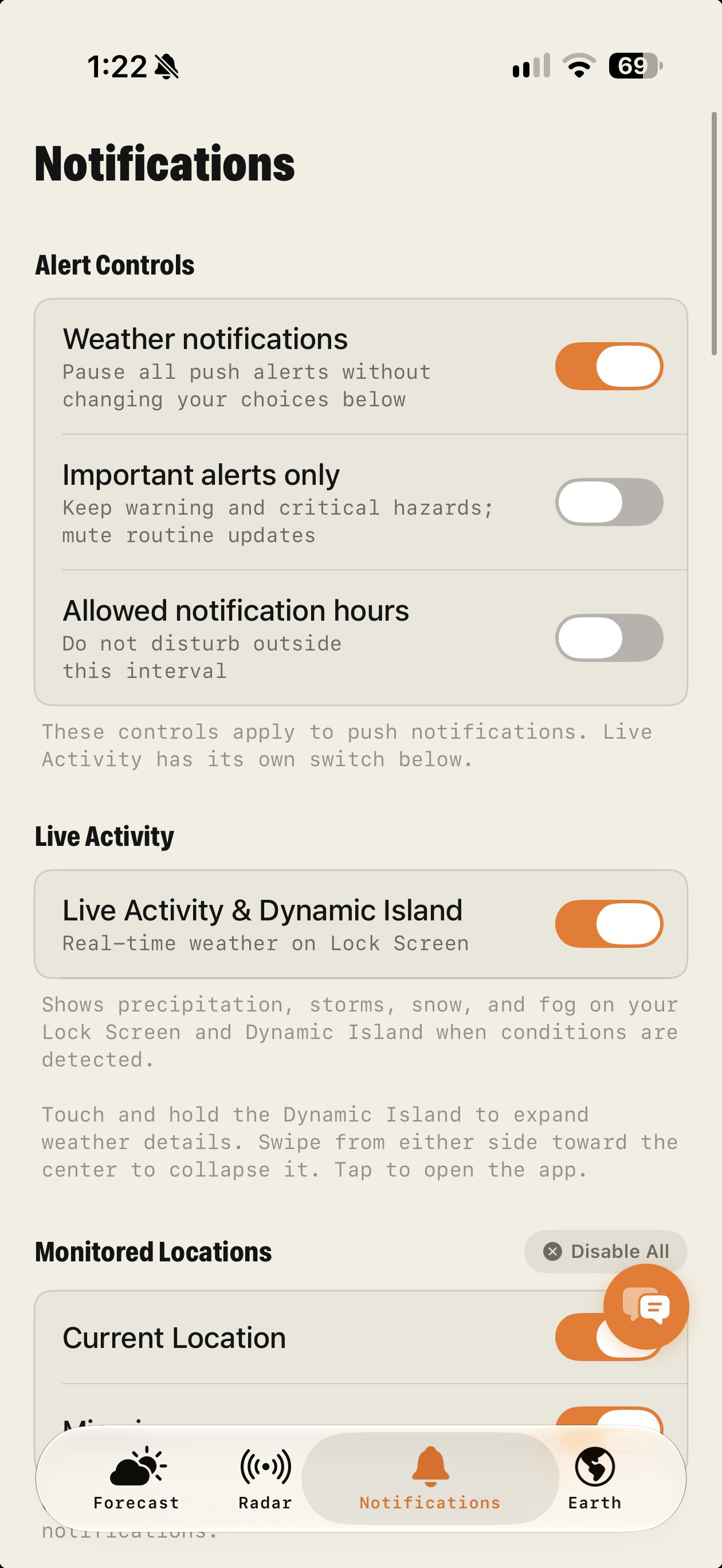 Notifications tab with alert controls, important-only mode, notification hours, Live Activity and monitored locations