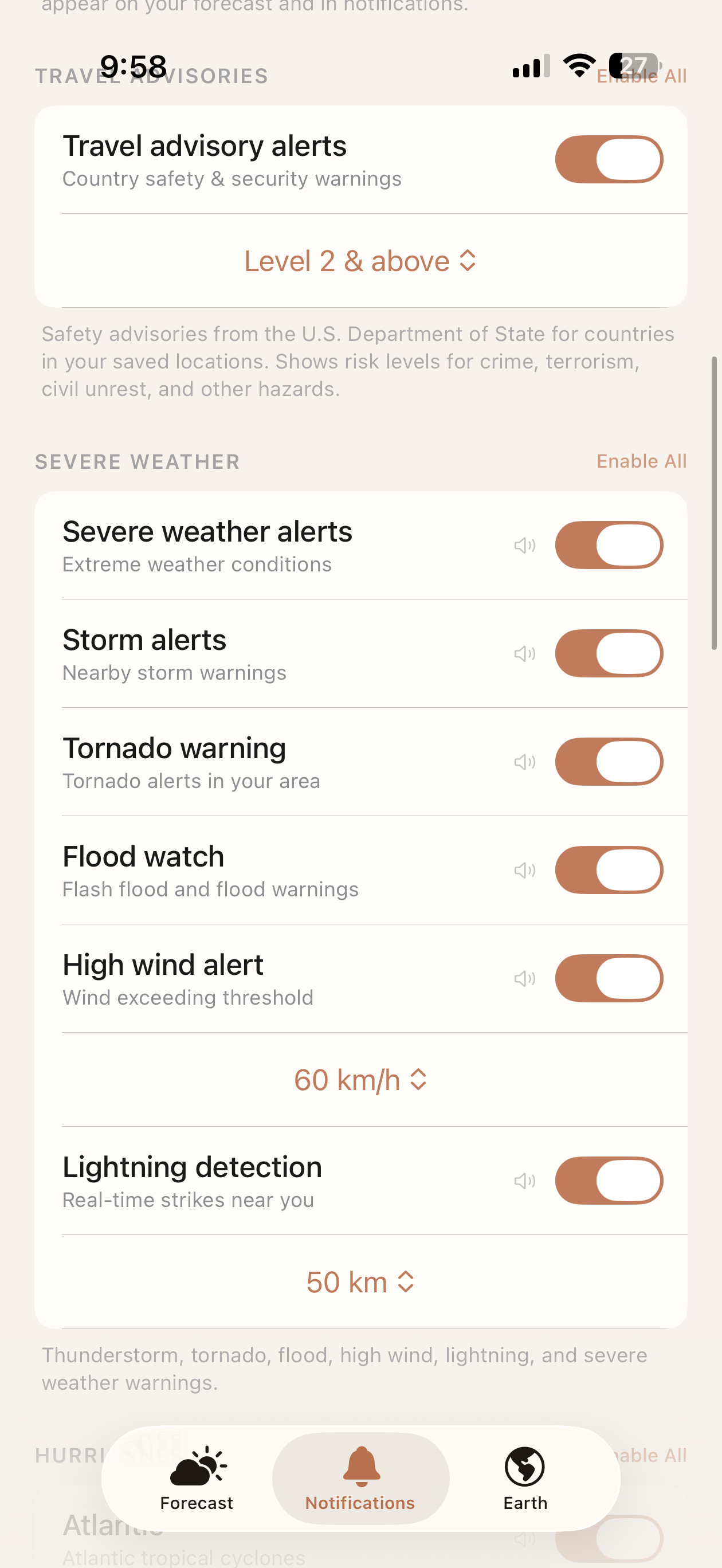 Severe weather alerts: storm, tornado, flood watch, high wind, lightning detection