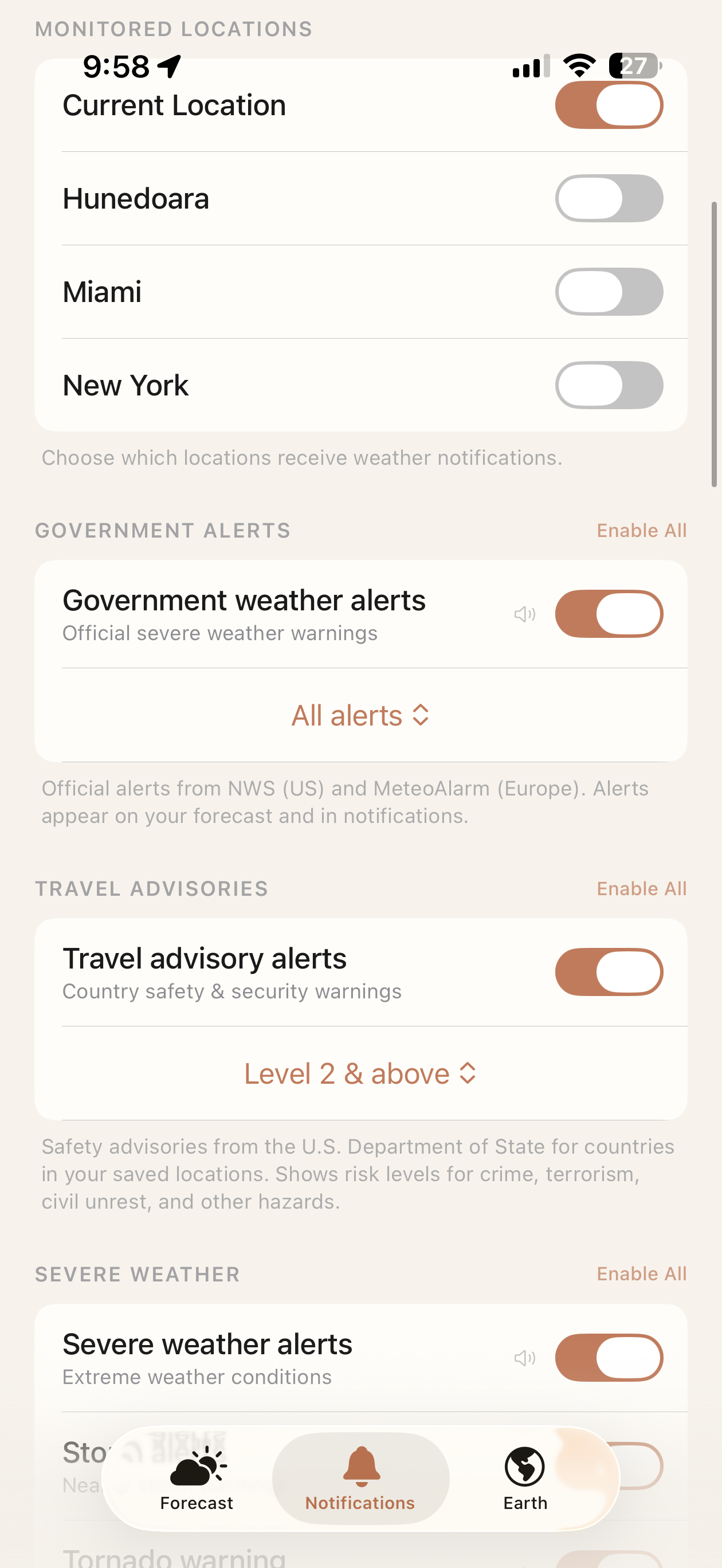 Travel advisories and government alerts settings