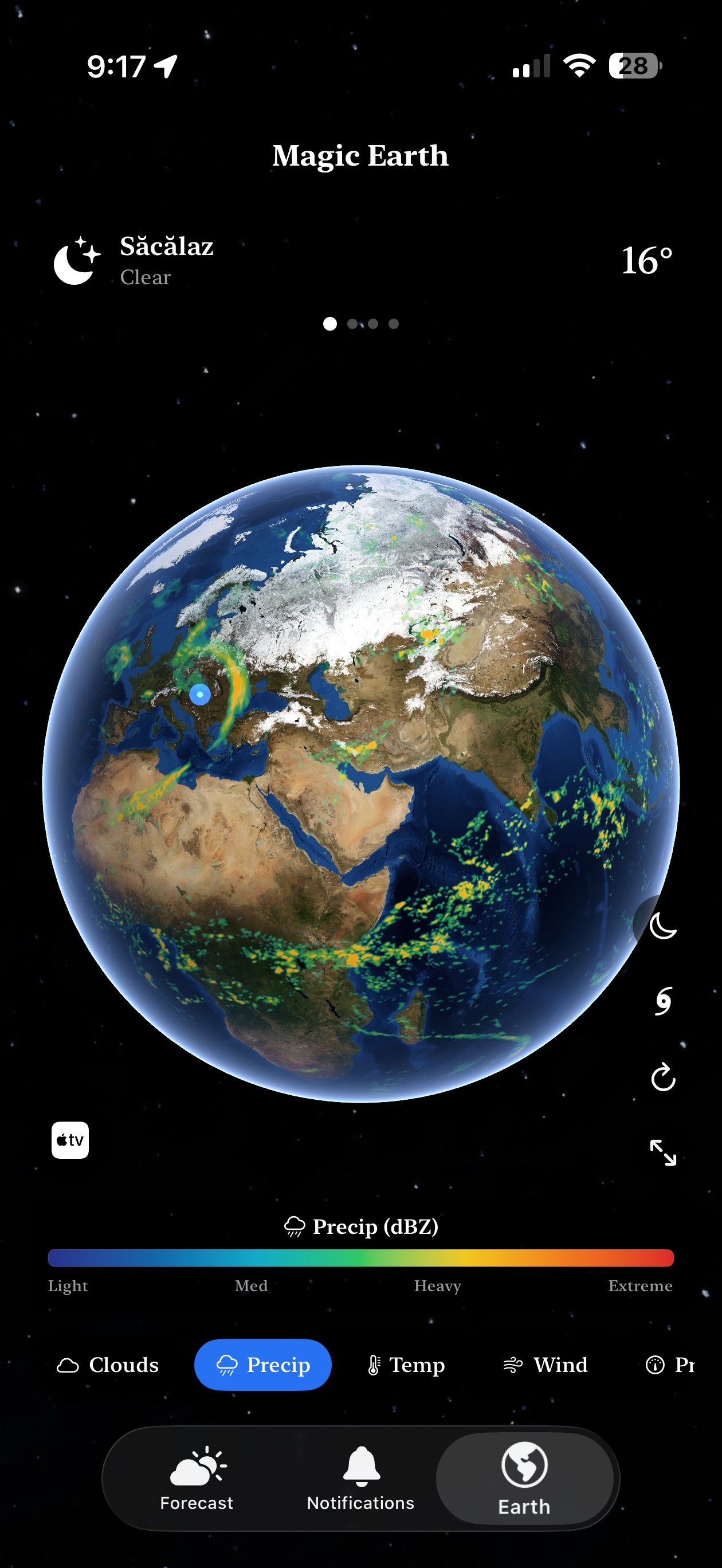 Globe with precipitation overlay showing rain bands across Europe and Africa