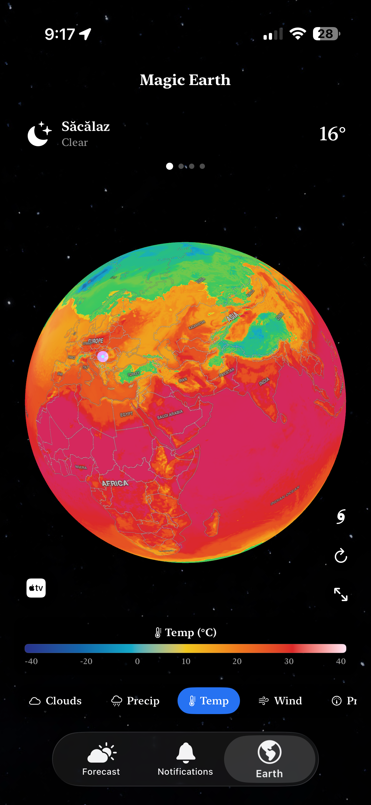 Heat-map globe showing surface temperatures from blue arctic to red equatorial
