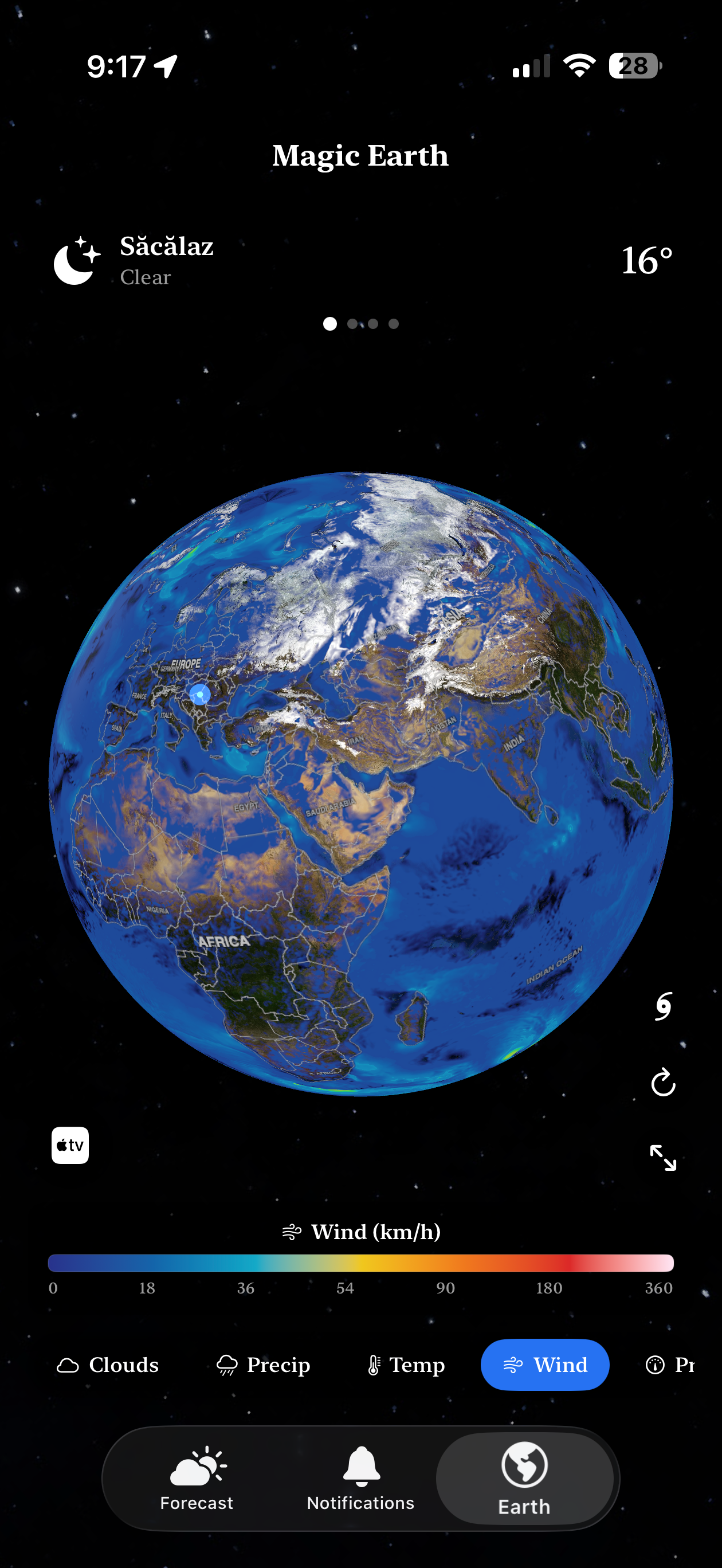 Deep-blue globe showing wind speed bands