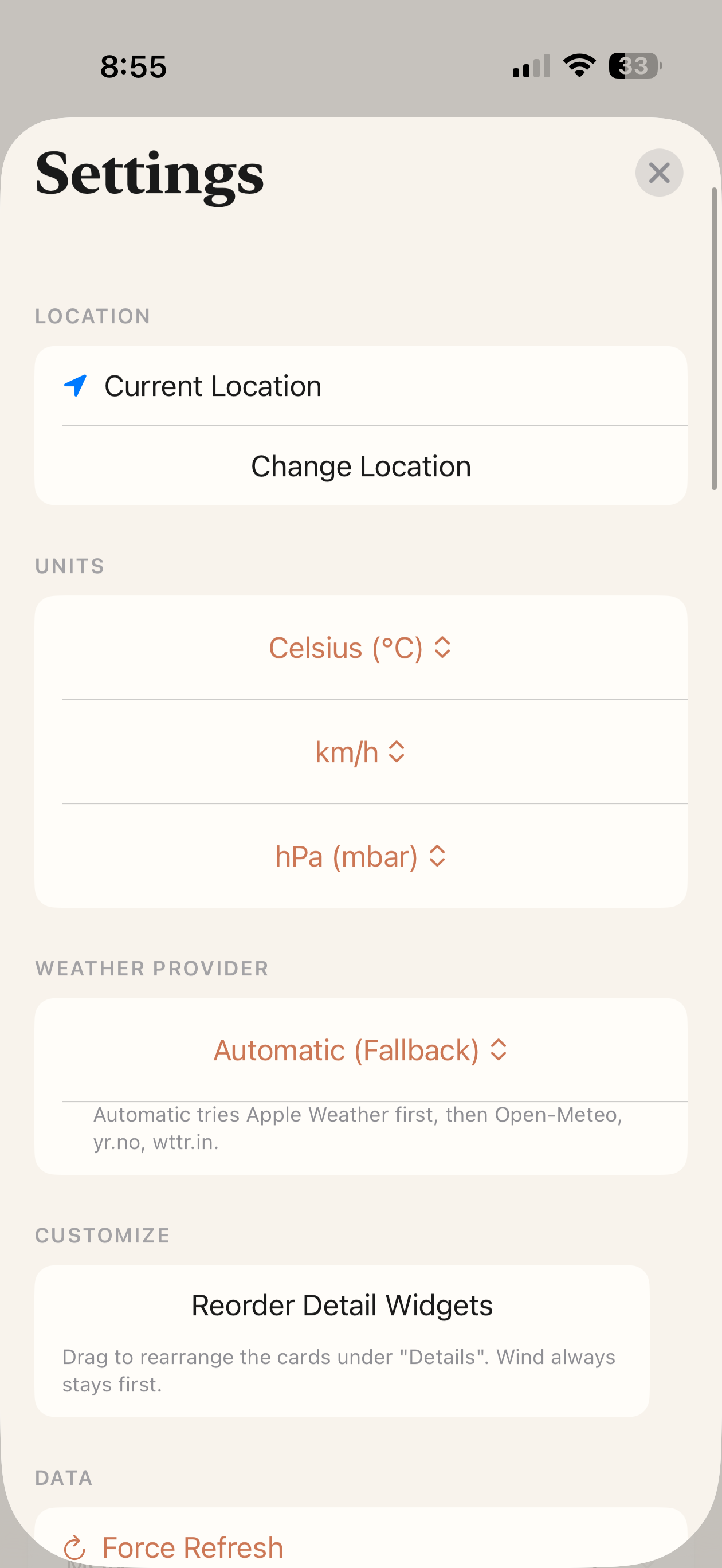 Settings: location, units, weather provider, reorderable details