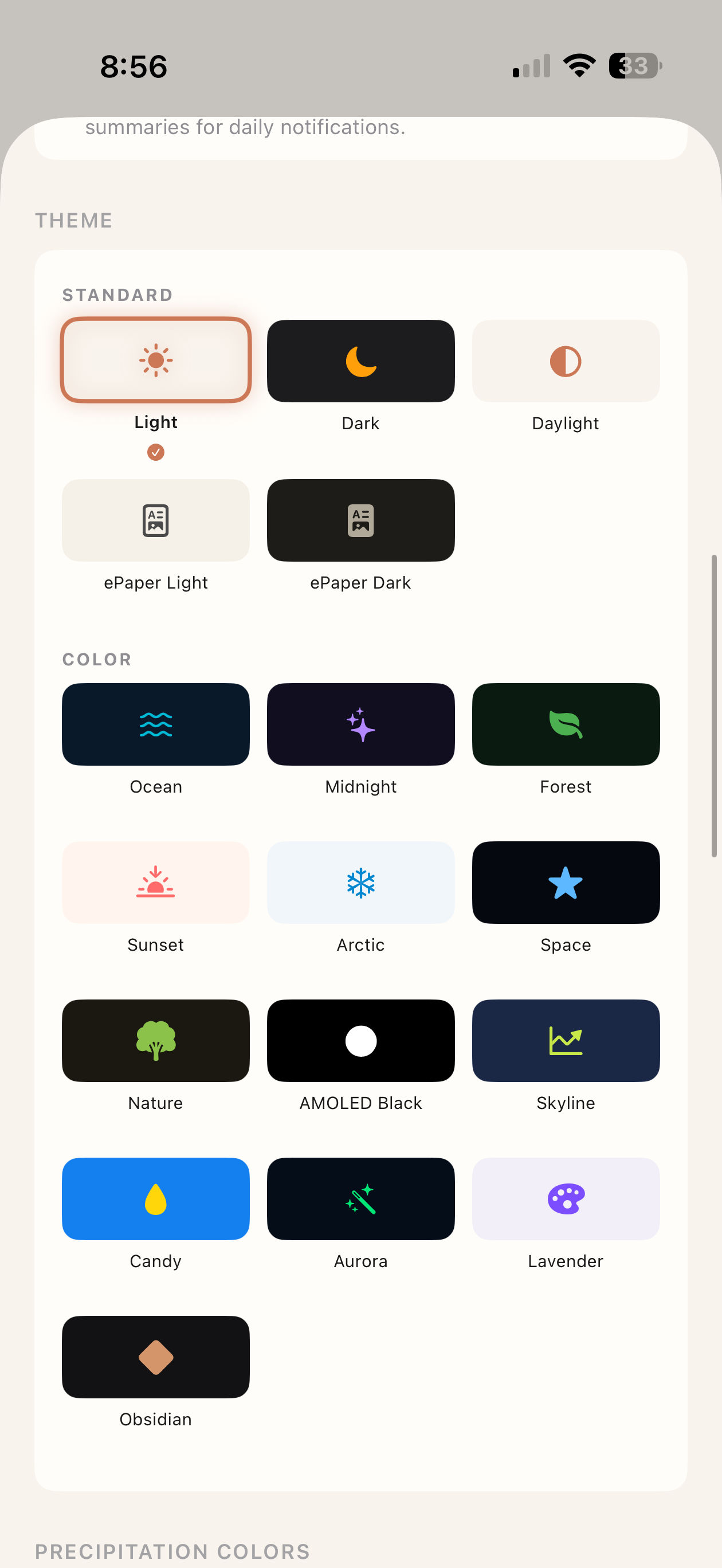 Theme picker showing 18 themes grouped by Standard and Color