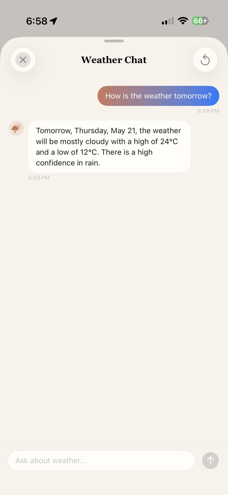 Weather Chat answering a question about tomorrow's forecast