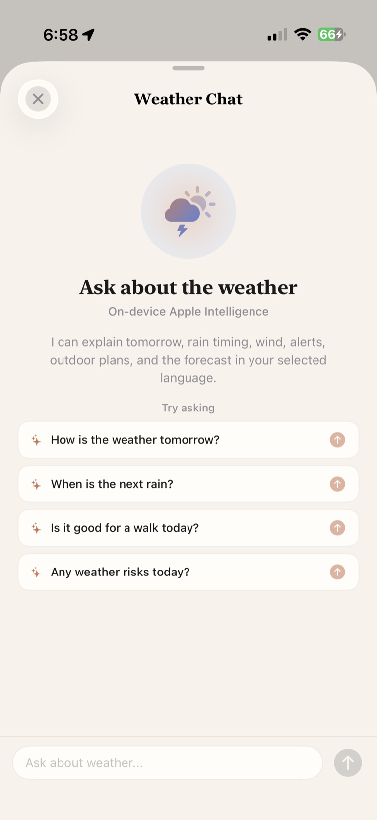 Weather Chat welcome screen with Apple Intelligence suggestions