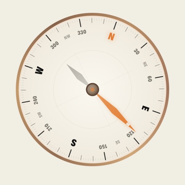 Wind compass dial with the needle pointing east-southeast