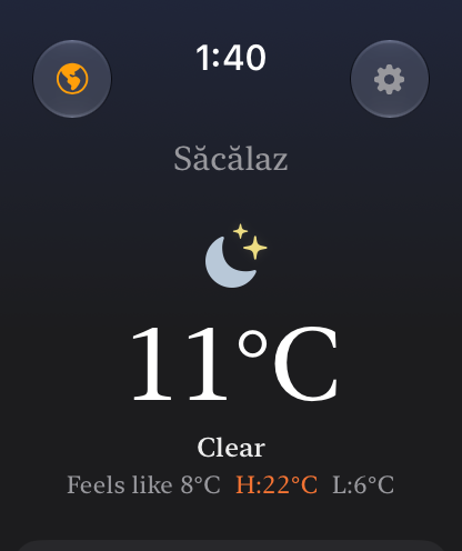 Magic Weather on Apple Watch: 11 degrees and clear in Săcălaz, feels like 8, high 22, low 6