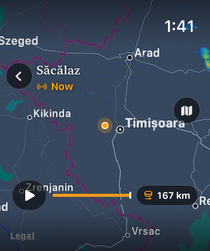 Apple Watch rain radar around Timișoara with replay and the distance to the nearest rain