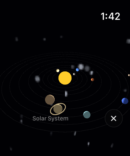 Apple Watch solar system view with the Sun and planets on their orbits