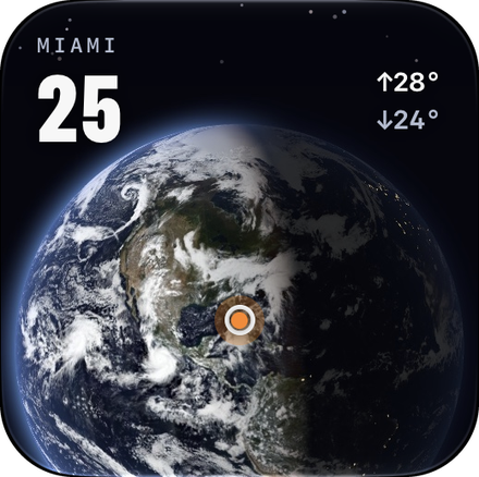Small Earth widget for Miami: 25 degrees with the planet rising below